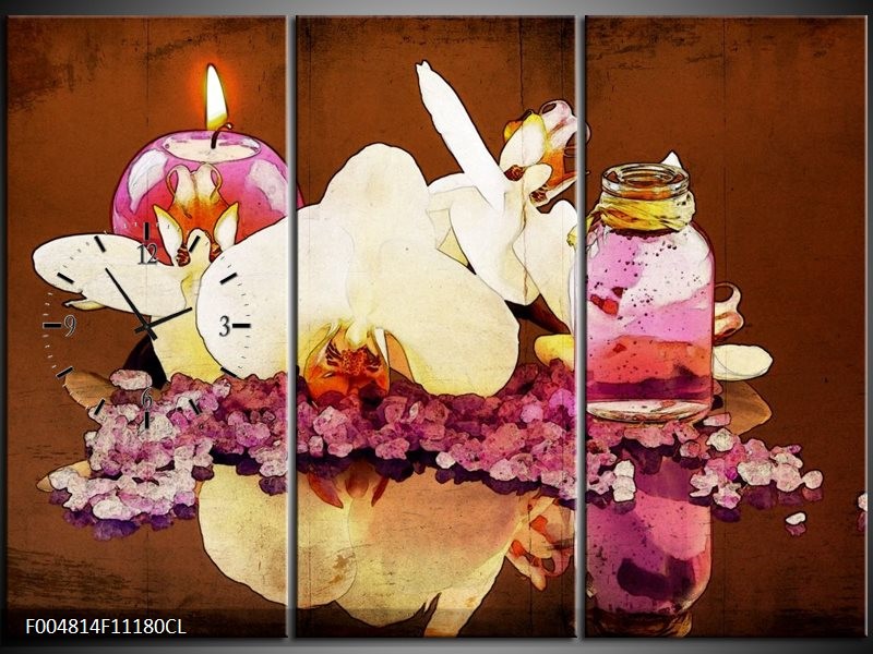 Klok schilderij Orchidee | Paars, Wit, Bruin | 111x80cm 3Luik