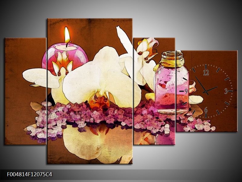 Klok schilderij Orchidee | Paars, Wit, Bruin | 120x75cm 4Luik