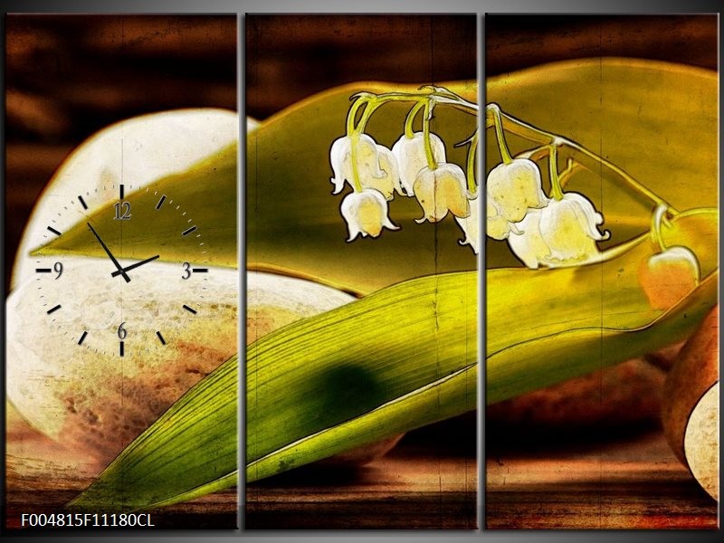 Klok schilderij Bloem | Groen, Wit, Bruin | 111x80cm 3Luik