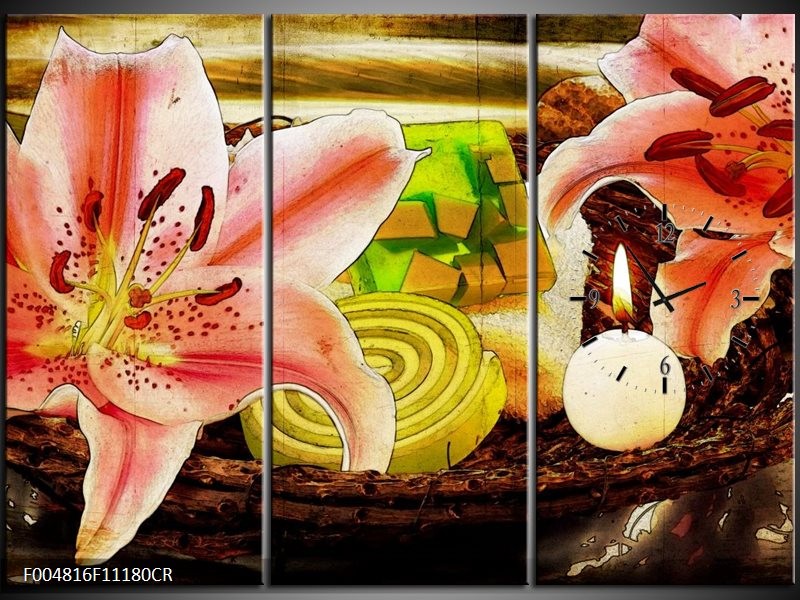 Klok schilderij Bloem | Roze, Groen, Wit | 111x80cm 3Luik