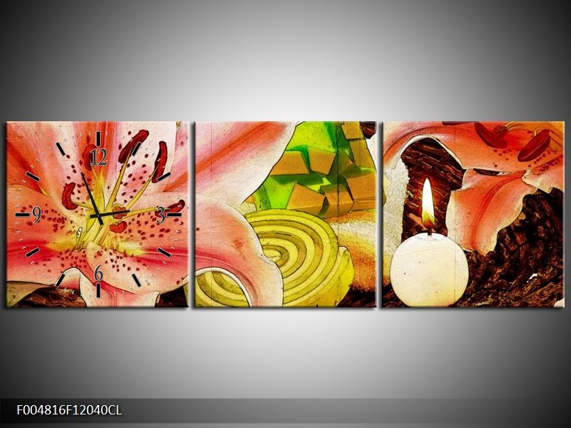 Klok schilderij Bloem | Roze, Groen, Wit | 120x40cm 3Luik