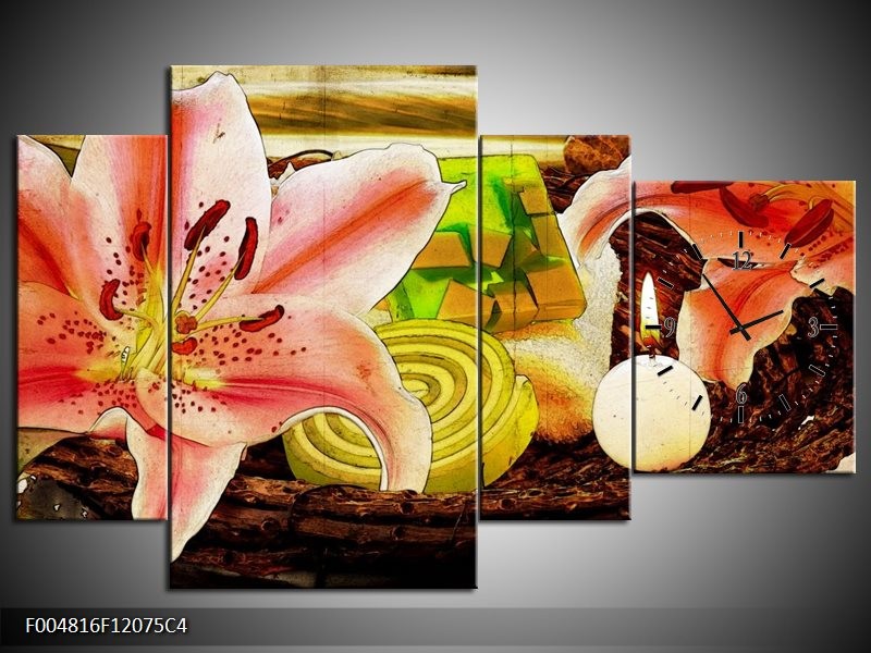 Klok schilderij Bloem | Roze, Groen, Wit | 120x75cm 4Luik