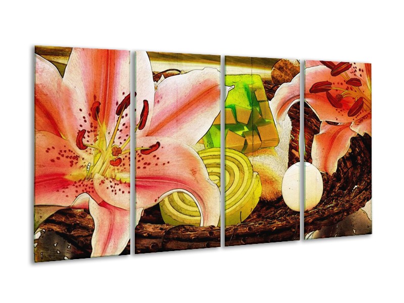 Canvas schilderij Bloem | Roze, Groen, Wit | 160x80cm 4Luik