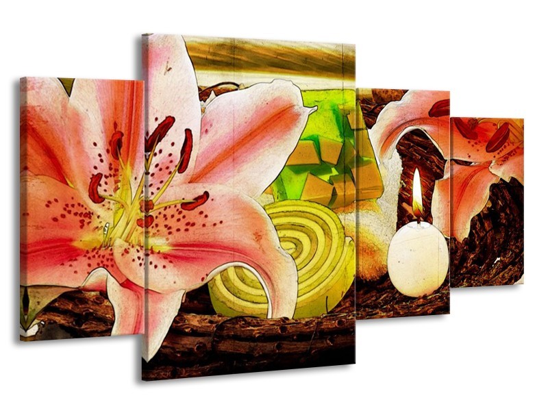 Canvas schilderij Bloem | Roze, Groen, Wit | 160x90cm 4Luik
