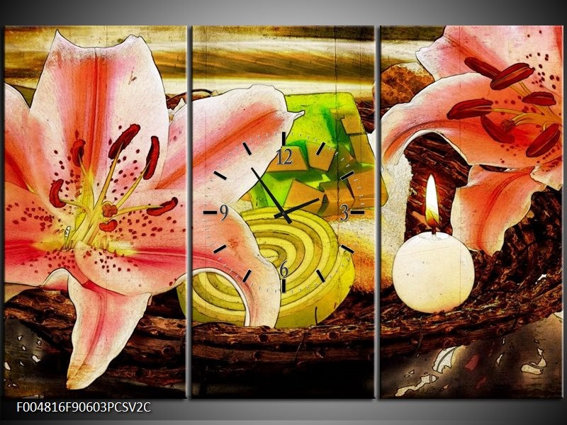 Klok schilderij Bloem | Roze, Groen, Wit | 90x60cm 3Luik