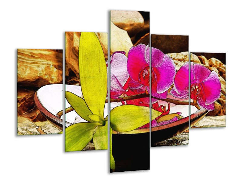Canvas schilderij Orchidee | Paars, Groen, Bruin | 100x70cm 5Luik
