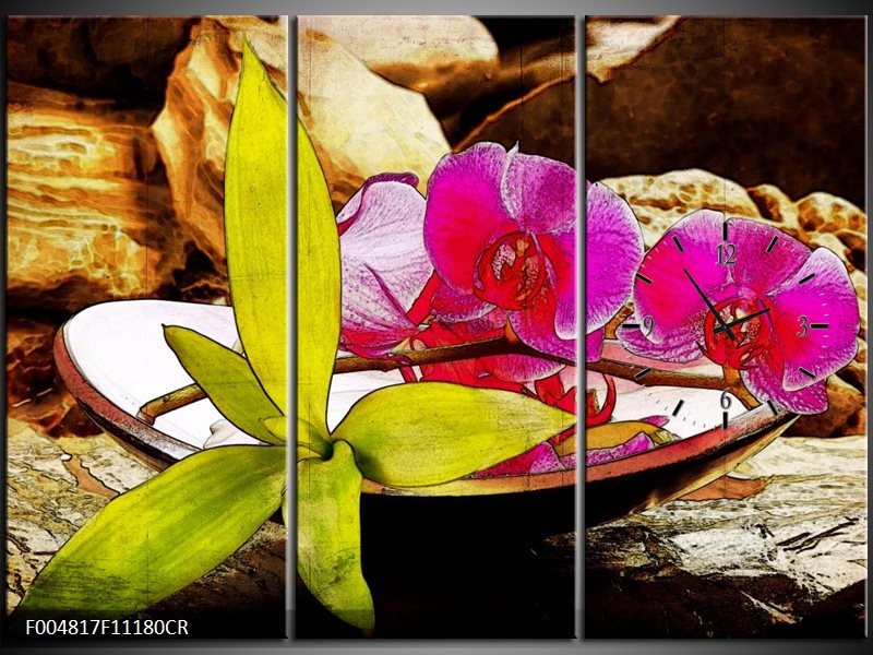 Klok schilderij Orchidee | Paars, Groen, Bruin | 111x80cm 3Luik