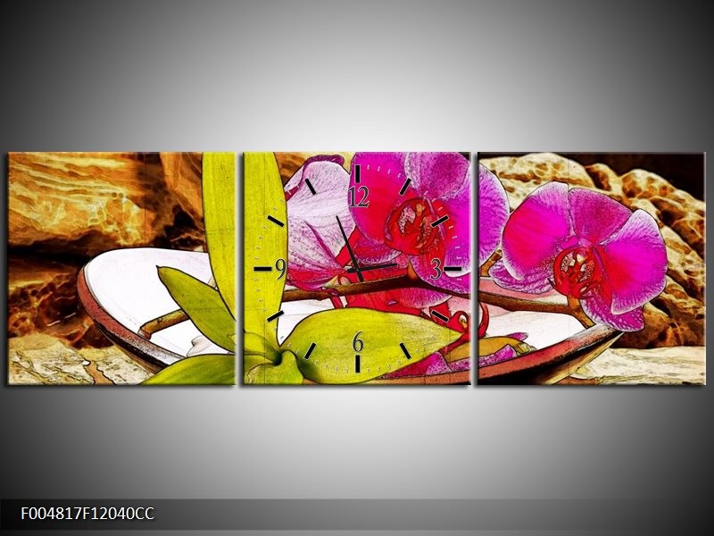Klok schilderij Orchidee | Paars, Groen, Bruin | 120x40cm 3Luik