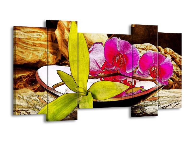 Canvas schilderij Orchidee | Paars, Groen, Bruin | 120x65 5Luik