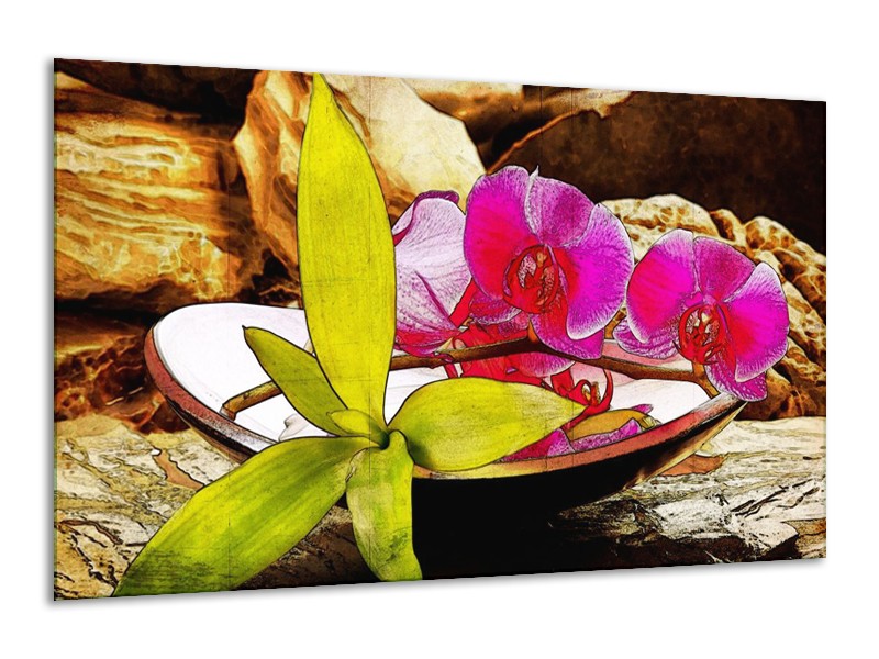 Glas schilderij Orchidee | Paars, Groen, Bruin | 120x70cm 1Luik