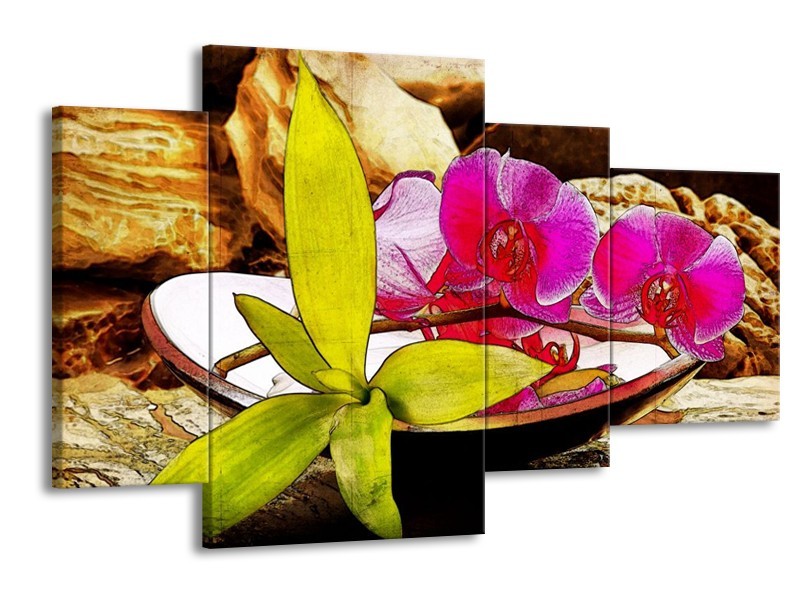 Canvas schilderij Orchidee | Paars, Groen, Bruin | 120x75cm 4Luik