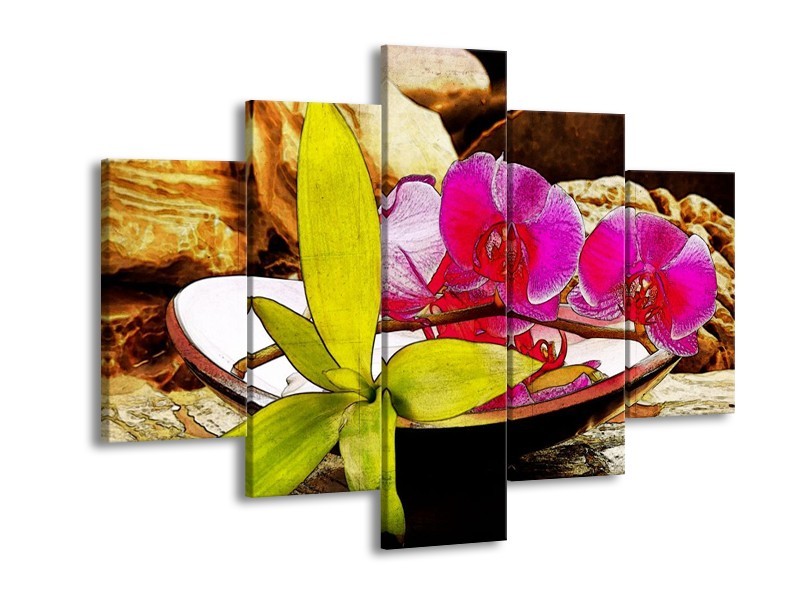 Canvas schilderij Orchidee | Paars, Groen, Bruin | 150x105cm 5Luik