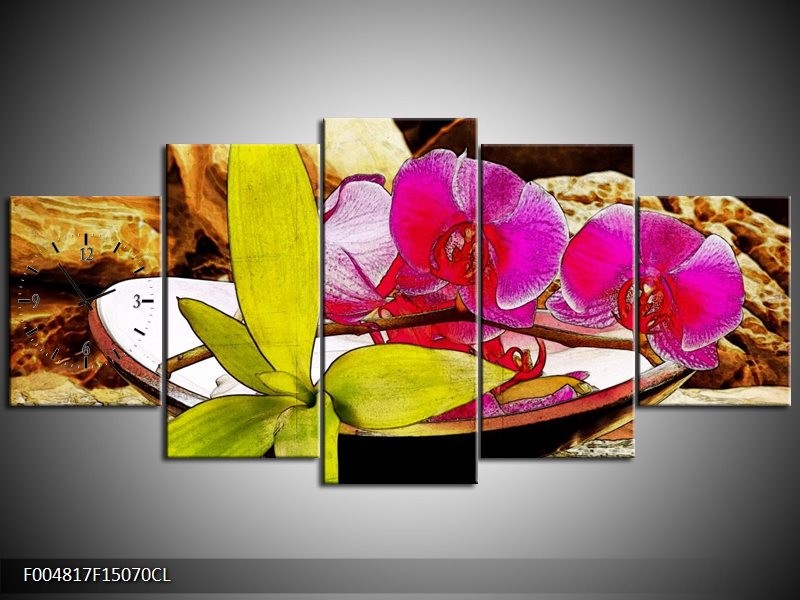 Klok schilderij Orchidee | Paars, Groen, Bruin | 150x70cm 5Luik