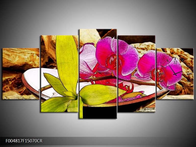Klok schilderij Orchidee | Paars, Groen, Bruin | 150x70cm 5Luik