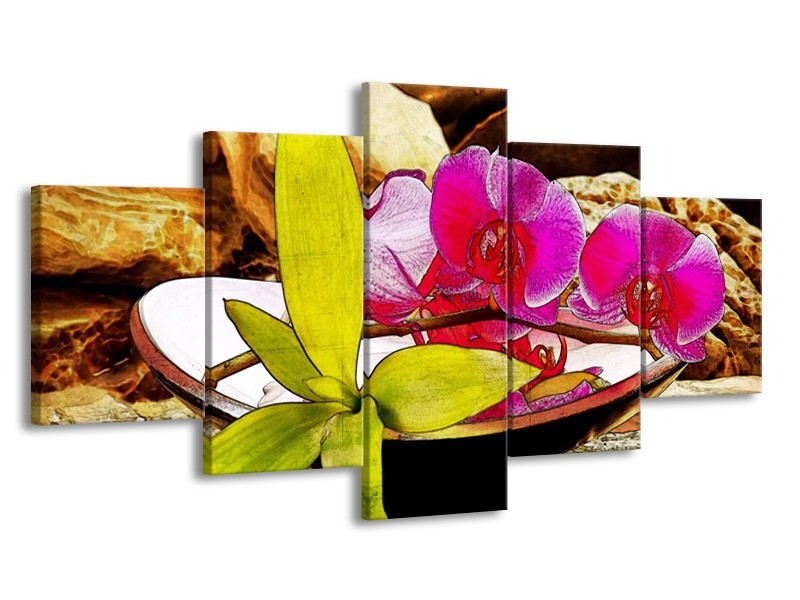 Canvas schilderij Orchidee | Paars, Groen, Bruin | 150x80cm 5Luik