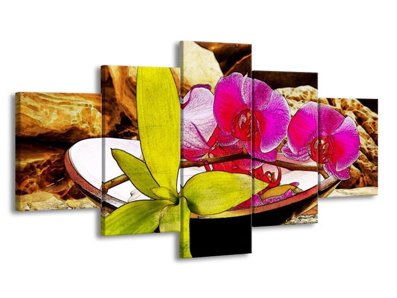 Glas schilderij Orchidee | Paars, Groen, Bruin | 150x80cm 5Luik