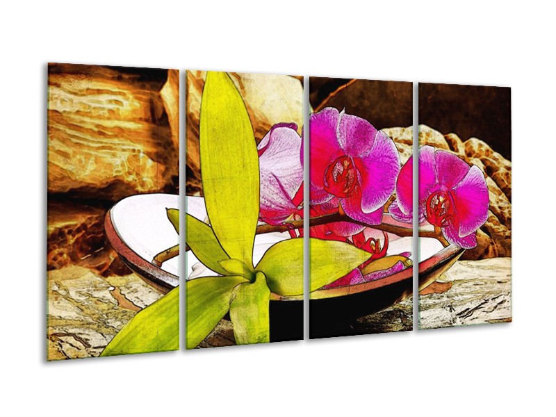 Canvas schilderij Orchidee | Paars, Groen, Bruin | 160x80cm 4Luik