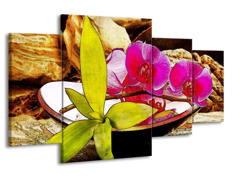 Canvas schilderij Orchidee | Paars, Groen, Bruin | 160x90cm 4Luik