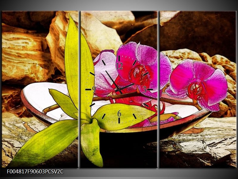 Klok schilderij Orchidee | Paars, Groen, Bruin | 90x60cm 3Luik