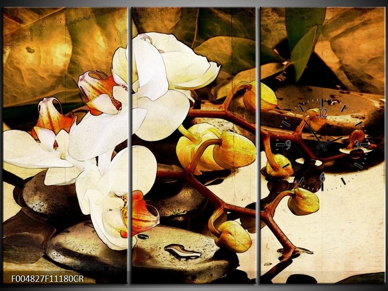 Klok schilderij Orchidee | Bruin, Wit, Groen | 111x80cm 3Luik