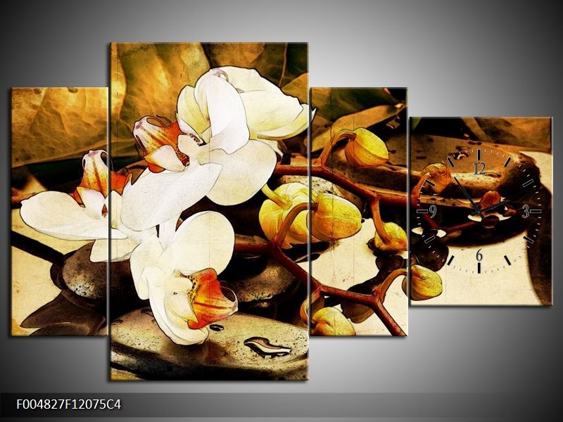 Klok schilderij Orchidee | Bruin, Wit, Groen | 120x75cm 4Luik