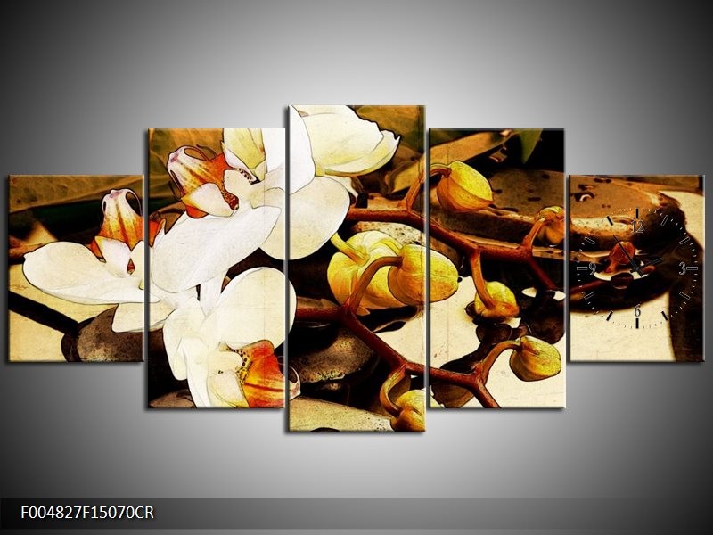 Klok schilderij Orchidee | Bruin, Wit, Groen | 150x70cm 5Luik