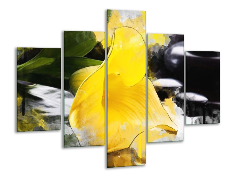 Canvas schilderij Bloem | Geel, Zwart, Groen | 100x70cm 5Luik