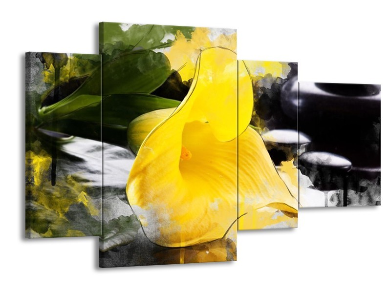 Canvas schilderij Bloem | Geel, Zwart, Groen | 120x75cm 4Luik