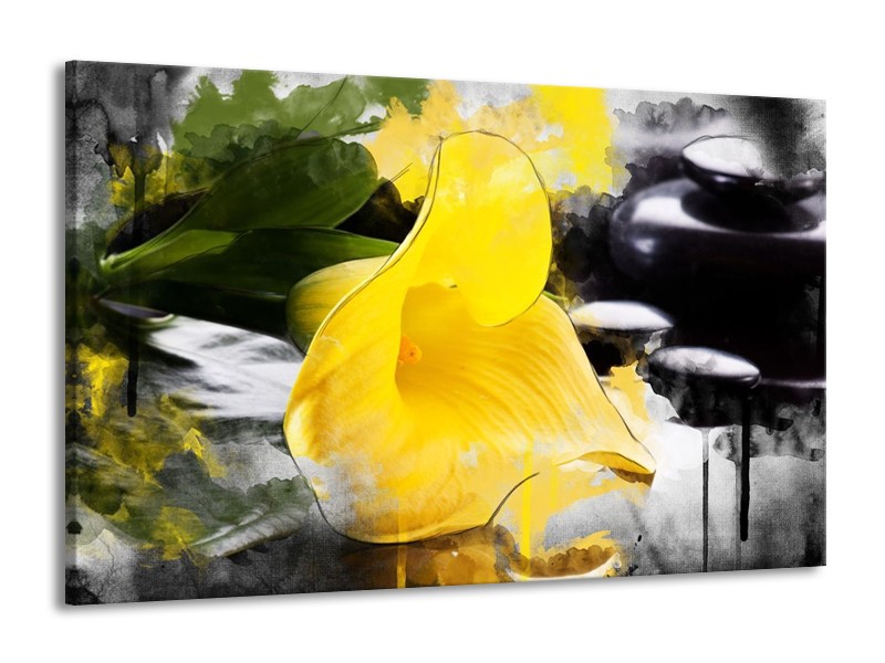Canvas schilderij Bloem | Geel, Zwart, Groen | 140x90cm 1Luik