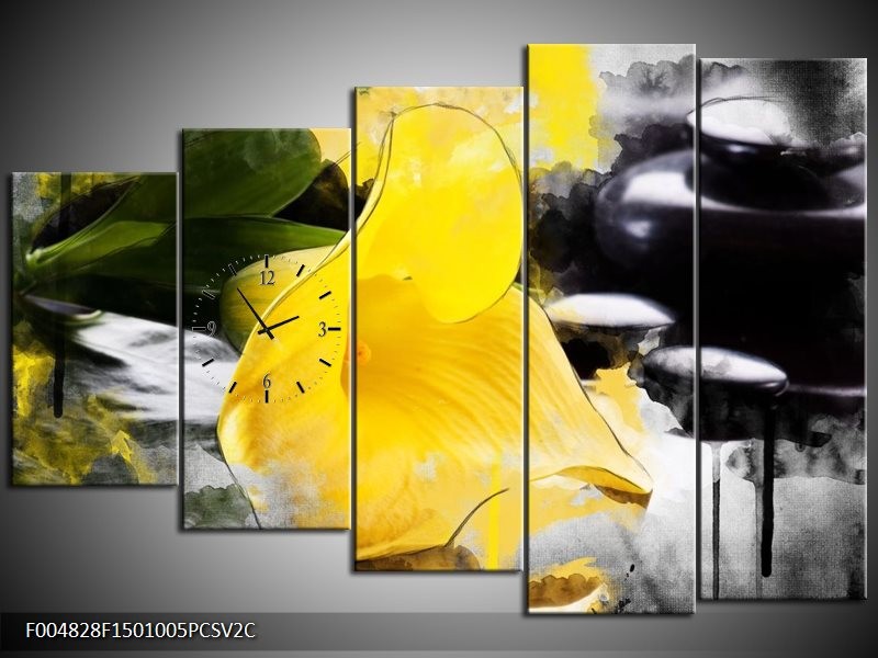 Klok schilderij Bloem | Geel, Zwart, Groen | 150x100cm 5Luik