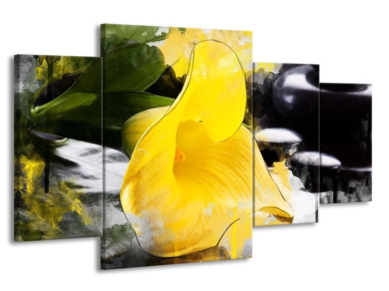 Canvas schilderij Bloem | Geel, Zwart, Groen | 160x90cm 4Luik