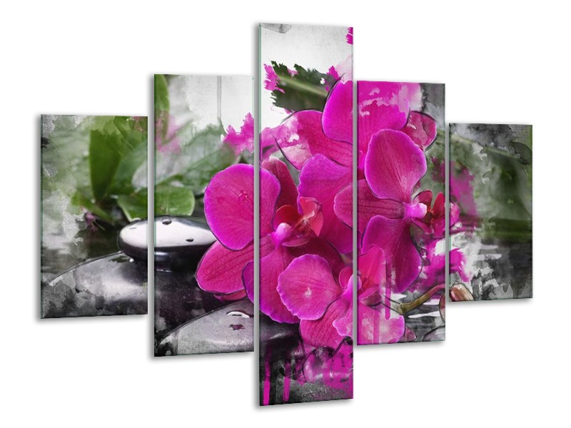 Canvas schilderij Orchidee | Paars, Groen, Grijs | 100x70cm 5Luik