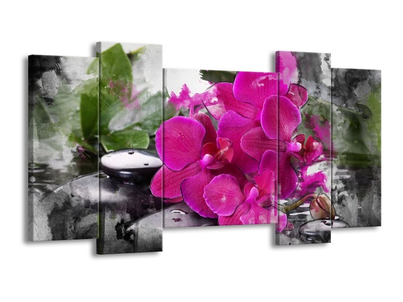 Canvas schilderij Orchidee | Paars, Groen, Grijs | 120x65 5Luik