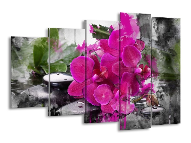 Canvas schilderij Orchidee | Paars, Groen, Grijs | 150x100cm 5Luik