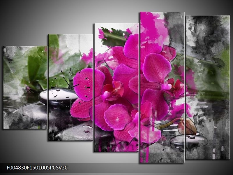 Klok schilderij Orchidee | Paars, Groen, Grijs | 150x100cm 5Luik