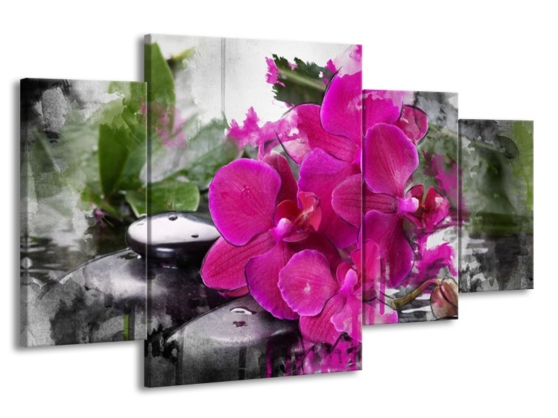 Canvas schilderij Orchidee | Paars, Groen, Grijs | 160x90cm 4Luik