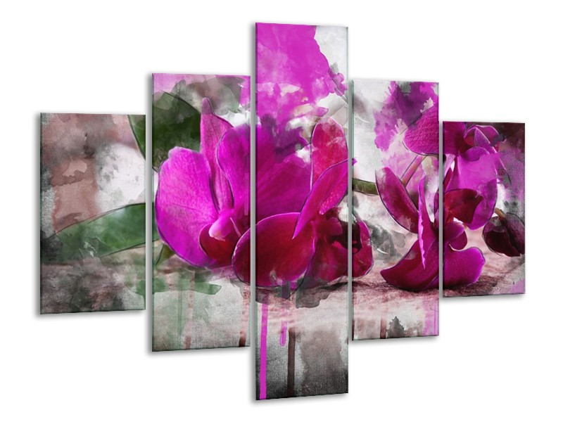 Canvas schilderij Orchidee | Paars, Groen, Grijs | 100x70cm 5Luik