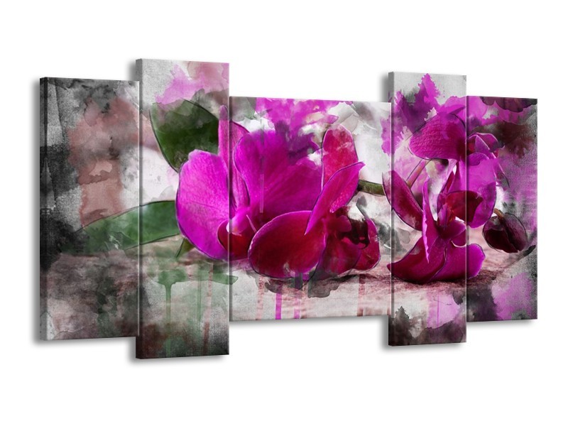 Canvas schilderij Orchidee | Paars, Groen, Grijs | 120x65 5Luik