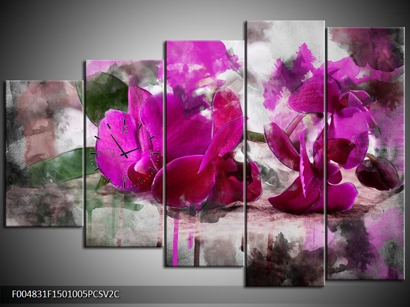 Klok schilderij Orchidee | Paars, Groen, Grijs | 150x100cm 5Luik