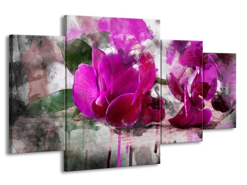 Canvas schilderij Orchidee | Paars, Groen, Grijs | 160x90cm 4Luik