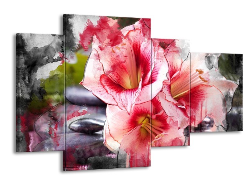 Canvas schilderij Bloem | Rood, Wit, Grijs | 120x75cm 4Luik