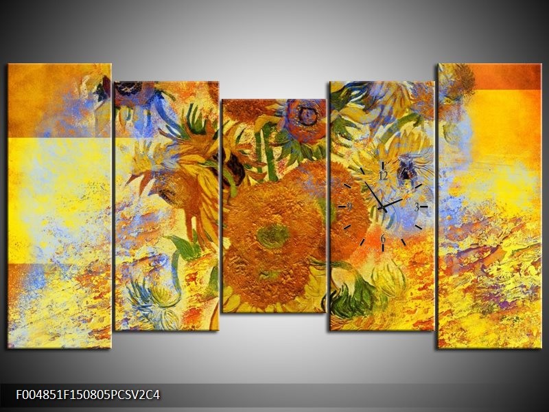 Klok schilderij Klassiek | Geel, Blauw, Bruin | 150x80cm 5Luik