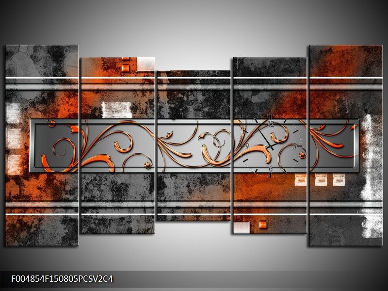 Klok schilderij Modern | Oranje, Bruin, Grijs | 150x80cm 5Luik
