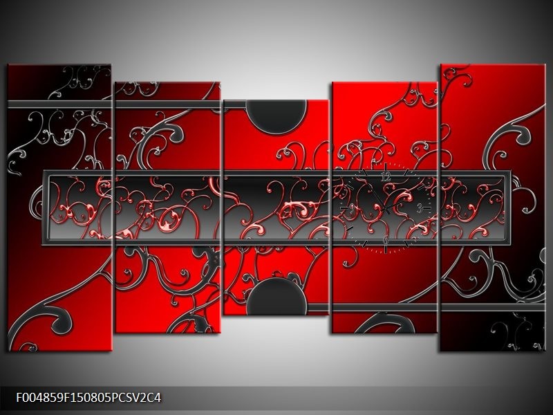 Klok schilderij Modern | Rood, Zwart, Grijs | 150x80cm 5Luik