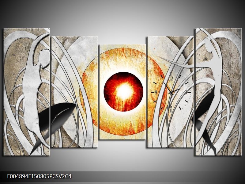 Klok schilderij Modern | Grijs, Wit, Oranje | 150x80cm 5Luik