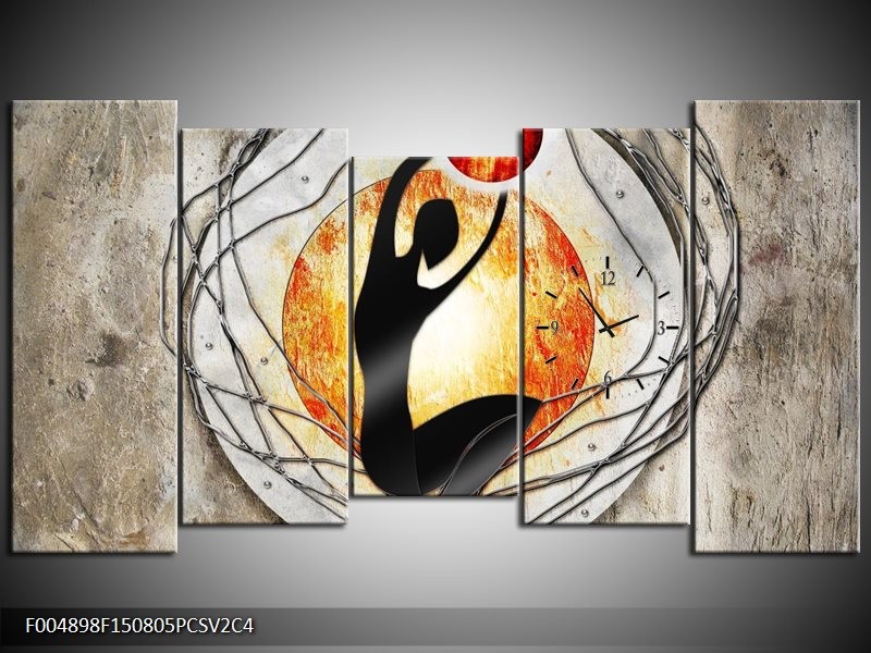 Klok schilderij Modern | Oranje, Grijs, Zwart | 150x80cm 5Luik