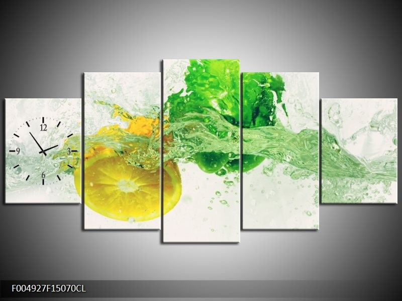 Klok schilderij Keuken | Groen, Geel, Wit | 150x70cm 5Luik
