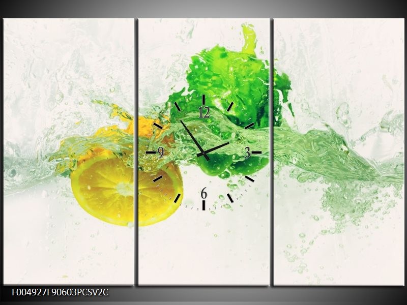Klok schilderij Keuken | Groen, Geel, Wit | 90x60cm 3Luik