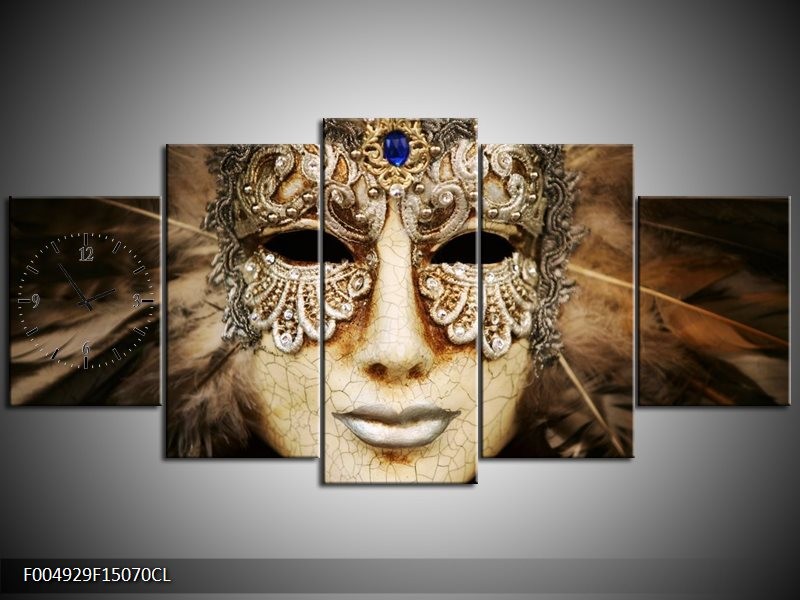 Klok schilderij Masker | Bruin, Wit, Zwart | 150x70cm 5Luik