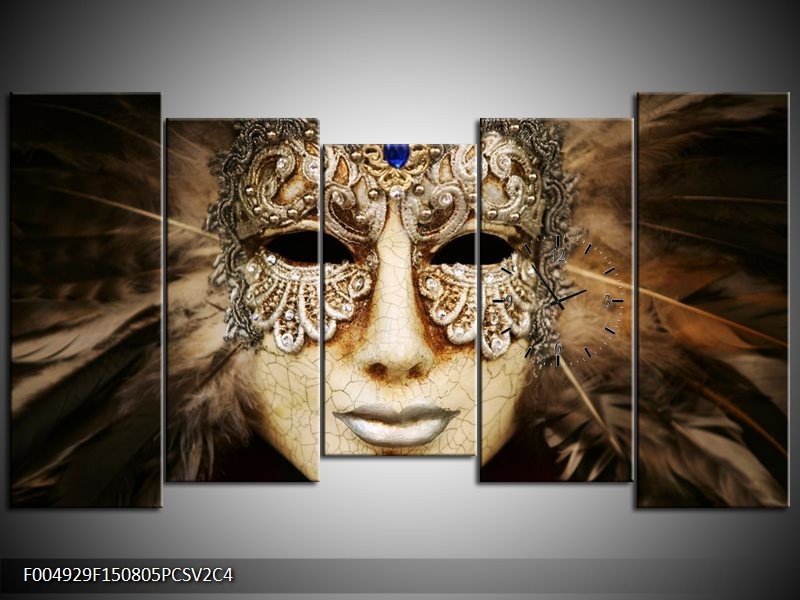 Klok schilderij Masker | Bruin, Wit, Zwart | 150x80cm 5Luik